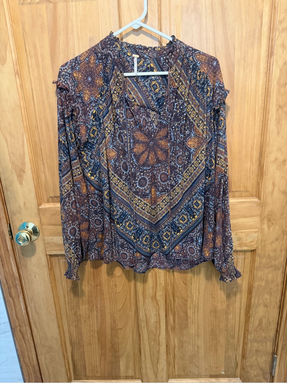 Free People Paisley Boho Blouse S/P Brown Ruffle Long Sleeve